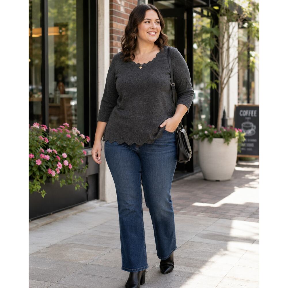 Cable & Gauge 1X Charcoal Gray Scalloped Knit Sweater Top